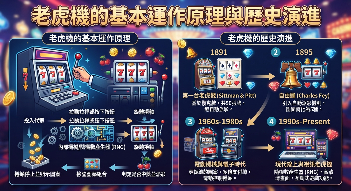 這張圖片以「老虎機的基本運作原理與歷史演進」為主題，透過精美的圖表與插圖，展示了吃角子老虎機的運作機制與發展歷程。 內容結合了基本原理的流程說明以及從1891年至今的歷史演進脈絡。