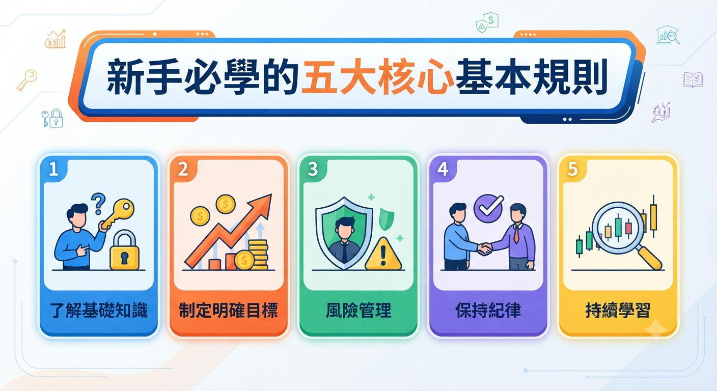 這是一張以「新手必學的五大核心基本規則」為主題的資訊圖表，上方醒目地顯示著主標題。 下方則分為五個編號區塊，分別圖解並列出基礎知識、明確目標、風險管理、紀律與持續學習的核心要點。
